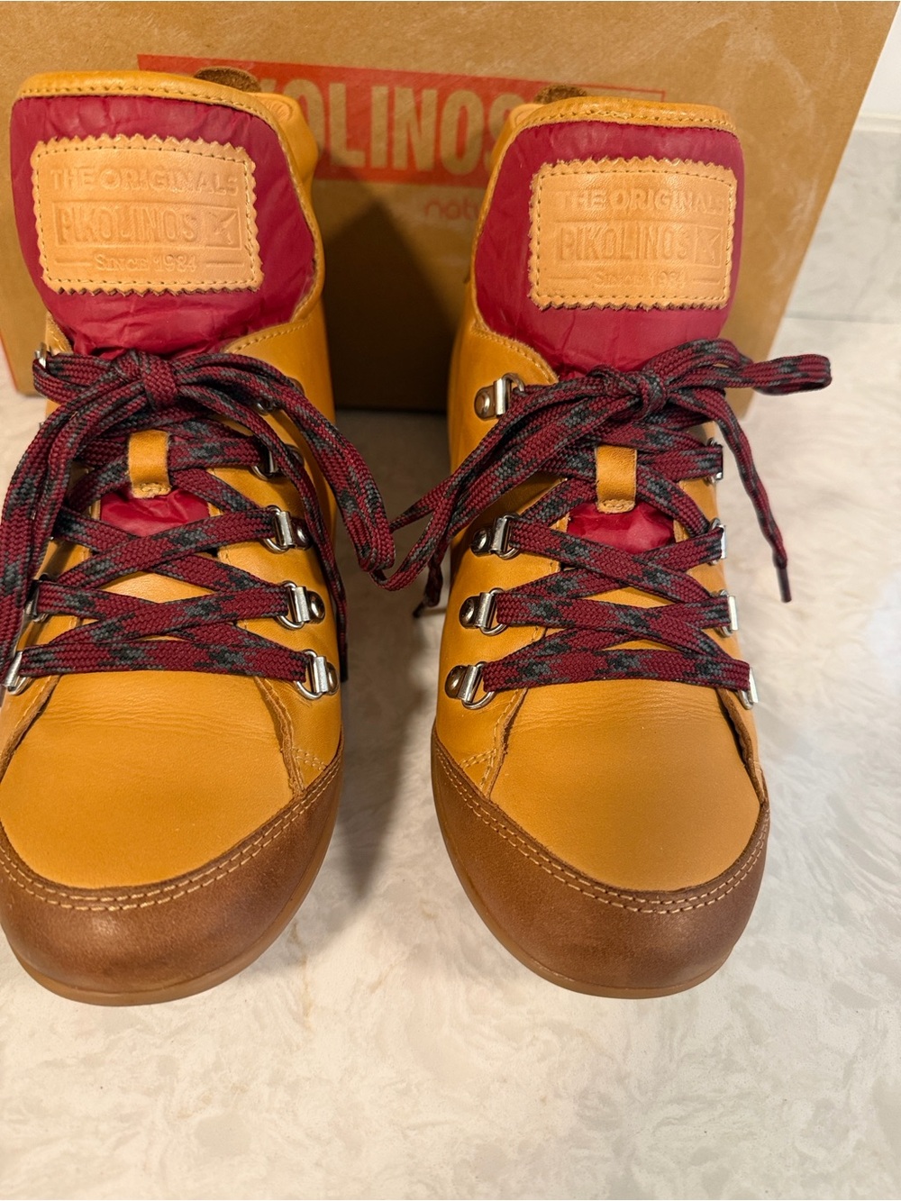 PIKOLINOS Lisboa Yellow and Brown Lace-Up Hiking Boots with Red Tongues